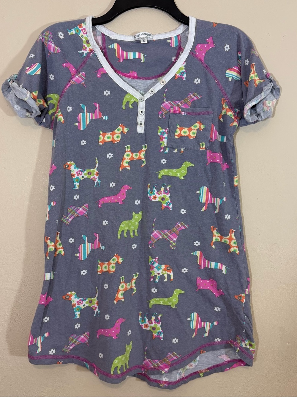 PJ Salvage Gray Colorful Dog Print Henley Nightgown Short Sleeve Sleep Lounge S